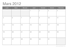 Calendrier du mois de mars 2012