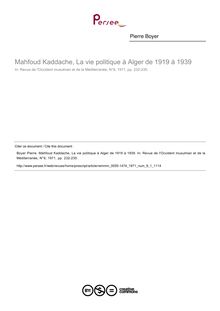 Mahfoud Kaddache, La vie politique à Alger de 1919 à 1939  ; n°1 ; vol.9, pg 232-235