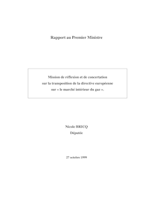 Mission de réflexion et de concertation sur la transposition de la directive européenne sur le marché intérieur du gaz : rapport remis au Premier ministre