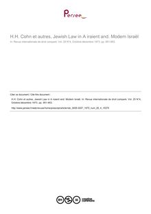 H.H. Cohn et autres, Jewish Law in A iraient and. Modem Israël - note biblio ; n°4 ; vol.25, pg 951-953