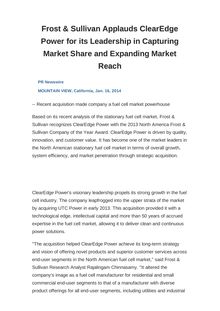 Frost & Sullivan Applauds ClearEdge Power for its Leadership in Capturing Market Share and Expanding Market Reach