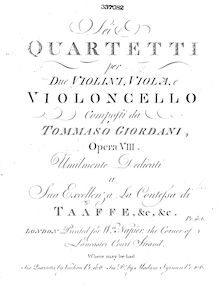 Partition viole de gambe, 6 corde quatuors, Sei Quartetti, Giordani, Tommaso