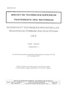 Sciences techniques industrielles 2005 BTS Traitement des matériaux