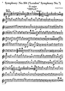 Partition clarinette 1 en A (original), clarinette 1 en B♭ (transposed), Symphony No. 104