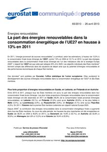 Eurostat : La part des énergies renouvelables dans la consommation énergétique de l’UE27 en hausse à 13% en 2011 