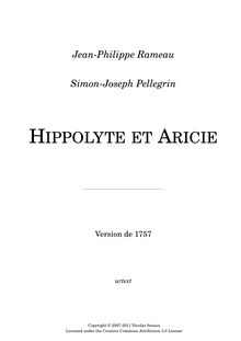 Partition complète (urtext), Hippolyte et Aricie, Tragédie en musique en cinq actes et un prologue