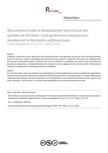 Gouvernance locale et développement économique des quartiers de Montréal / Local governance and economic development at Montreal s neighbourhoods - article ; n°2 ; vol.73, pg 127-134
