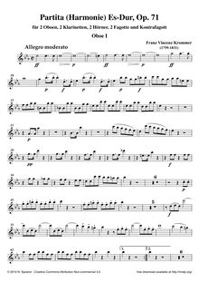 Partition hautbois 1, Harmonie, Partita; Octet-Partita, E♭ major par Franz Krommer