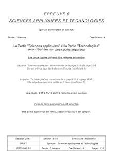Bac Techno hôtellerie 2017 sciences appli tech