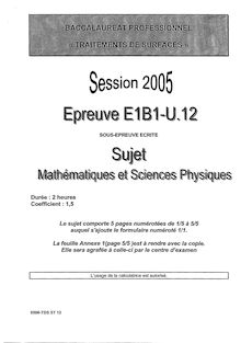 Mathématiques et sciences physiques 2005 Bac Pro - Traitements de surfaces