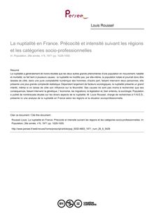 La nuptialité en France. Précocité et intensité suivant les régions et les catégories socio­professionnelles - article ; n°6 ; vol.26, pg 1029-1055