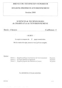 Sciences et technologies de l habitat et de l environnement 2005 BTS Hygiène propreté environnement