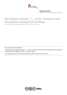 Owen Chadwick. Newman  Ian Ker. The Genius of John Henry Newman. Selections from his Writings  ; n°2 ; vol.207, pg 220-222