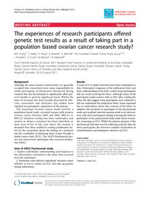 The experiences of research participants offered genetic test results as a result of taking part in a population based ovarian cancer research study?