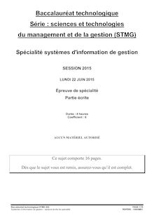 BAC 2015 STMG : Sujet de spécialité systèmes d information de gestion 