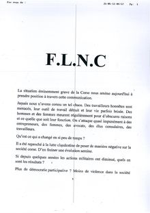 Communiqué du FLNC remis à France 3 Corse