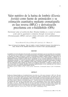 Valor nutritivo de la harina de lombriz (Eisenia foetida) como fuente de aminoácidos y su estimación cuantitativa mediante cromatografía en fase reversa (HPLC) y derivatización precolumna con o-ftalaldehído (OPA)  (Nutritional value of earthworm flour (Eisenia foetida) as a source of amino acids and its quantitative estimation through reversed phase chromatography (HPLC) and pre-column derivation with o-phthalaldehyde (OPA))