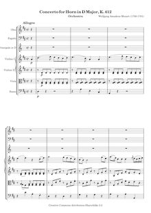 Partition , Allegro, cor Concerto, Horn Concerto No.1, D major, Mozart, Wolfgang Amadeus