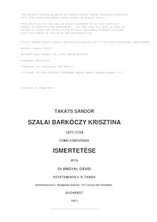 Takáts Sándor Szalai Barkóczy Krisztina 1671-1724 czímű könyvének ismertetése
