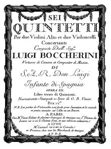 Partition violon 1, 6 corde quintettes, G.277-282 (Op.13), 6 Quintetti per 2 Violini, Alto, et 2 Violoncelli Concertante, Op.13 par Luigi Boccherini