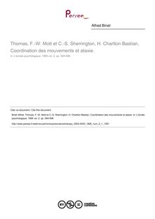 Thomas, F.-W. Mott et C.-S. Sherrington, H. Charlton Bastian, Coordination des mouvements et ataxie. - compte-rendu ; n°1 ; vol.2, pg 594-598