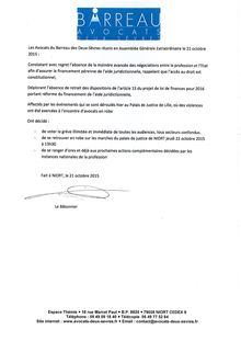 La motion des avocats du barreau des Deux-Sèvres (mercredi 21 octobre 2015)