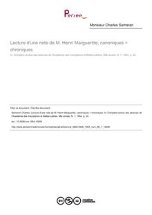 Lecture d une note de M. Henri Margueritte, canoniques = chroniques - article ; n°1 ; vol.98, pg 24-24