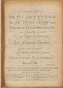 Partition violoncelle, 6 quatuors, A Second Sett of Six Quartettos for two Violins, a Tenor and Violoncello Obligato