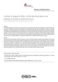 L ethnie, la religion et l État : le rôle des Peuls dans la vie politique et sociale du Nord-Cameroun - article ; n°1 ; vol.61, pg 73-102