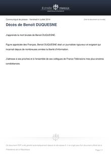 Décès de Benoît Duquesne - Communiqué du Président