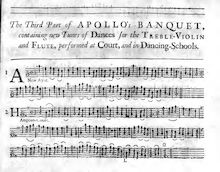 Partition , partie 3, Apollo s Banquet, Apollo s Banquet: containing Instructions, and Variety of New Tunes, Ayres, Jiggs, and several new Scotch Tunes for the Treble-Violin. To which is added the tunes of the newest French Dances, now used at Court and in Dancing Schools