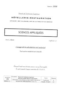 Sciences appliquées 2006 Art culinaire, art de la table et du service BTS Hôtellerie restauration