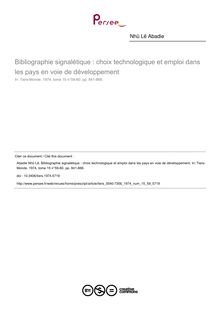Bibliographie signalétique : choix technologique et emploi dans les pays en voie de développement - article ; n°59 ; vol.15, pg 841-866