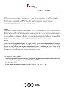 Eléments d analyse de la gouverne métropolitaine à Montréal / Elements to analyse Montreal s metropolitan government - article ; n°2 ; vol.73, pg 135-142