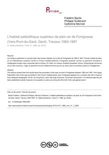 L habitat paléolithique supérieur de plein air de Fontgrasse (Vers-Pont-du-Gard, Gard). Travaux 1983-1987 - article ; n°1 ; vol.31, pg 65-92