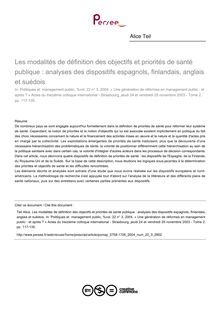 Les modalités de définition des objectifs et priorités de santé publique : analyses des dispositifs espagnols, finlandais, anglais et suédois - article ; n°3 ; vol.22, pg 117-135