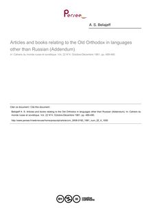 Articles and books relating to the Old Orthodox in languages other than Russian (Addendum)  ; n°4 ; vol.22, pg 489-490