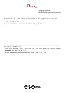 Brandon, W. — Quivira. Europeans in the region of Santa Fe Trail, 1540-1820.  ; n°1 ; vol.78, pg 121-122