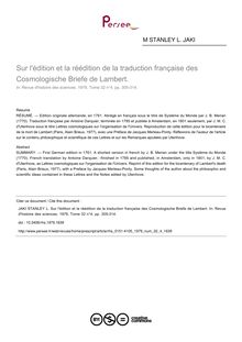 Sur l édition et la réédition de la traduction française des Cosmologische Briefe de Lambert. - article ; n°4 ; vol.32, pg 305-314