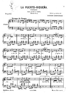 Partition Complete piece, La Puerto-Riqueña, Tango, para piano y canto