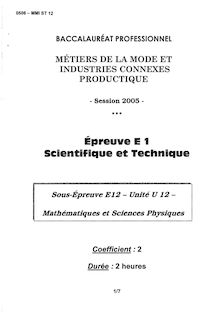 Mathématiques et sciences physiques 2005 Bac Pro - Métiers de la mode et industries connexes - productique