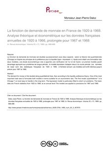La fonction de demande de monnaie en France de 1920 à 1968. Analyse théorique et économétrique sur les données françaises annuelles de 1920 à 1966, prolongée pour 1967 et 1968 - article ; n°3 ; vol.20, pg 468-496