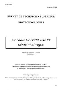 Biologie moléculaire et génie génétique 2010 BTS Biotechnologies