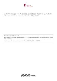 M. P. Chalioupa et I. A. Dondé. L arbitrage d Etat en U. R. S. S. - note biblio ; n°2 ; vol.7, pg 431-433