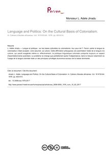Language and Politics: On the Cultural Basis of Colonialism. - article ; n°63 ; vol.16, pg 603-614
