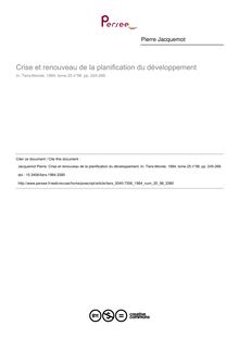 Crise et renouveau de la planification du développement - article ; n°98 ; vol.25, pg 245-268