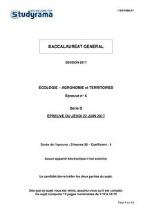 Sujet Bac S 2017 - Écologie, agronomie et territoires