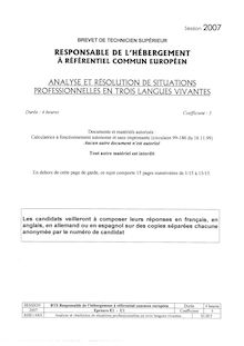 Analyse et résolution de situations professionnelles en français 2007 BTS Responsable de l hébergement à réf. euro