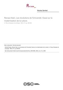 Renaut Alain, Les révolutions de l Université. Essai sur la modernisation de la culture.  ; n°4 ; vol.37, pg 660-663