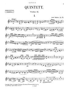 Partition violon 2 , partie, Piano quintette, Quintett (B dur) für Klavier, zwei Violinen, Viola und Violoncell, Op. 70.